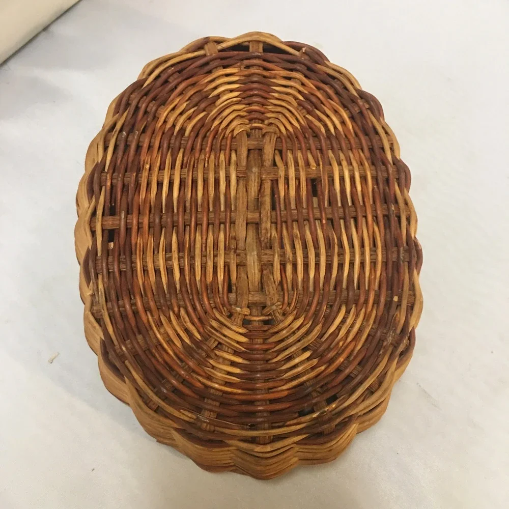 Wicker Basket Home Decor Small Brown Oval Woven Scalloped Rim Rustic Farmhouse